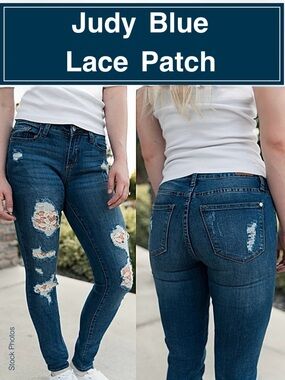 Judy Blue Jeans Distressed Lace Patch Skinny Mid Rise Denim Stretch JB8463 (24W)